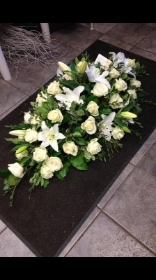 Classic white rose & white lily casket spray